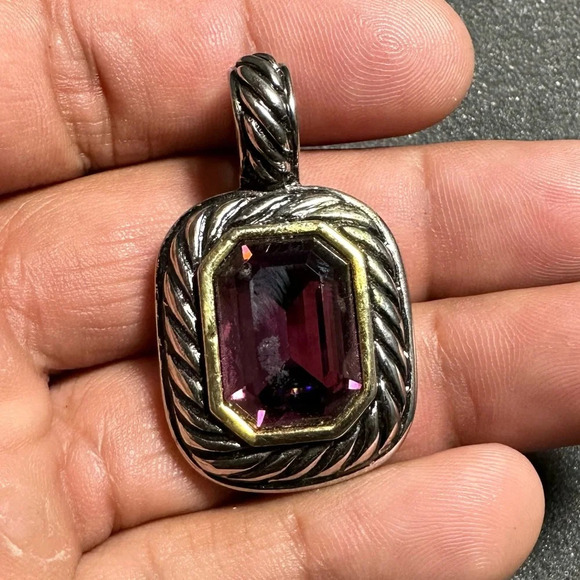 Silver Tone Purple Amethyst Like Gem Stone Rectangular Pendant Costume Jewelry - Picture 1 of 8
